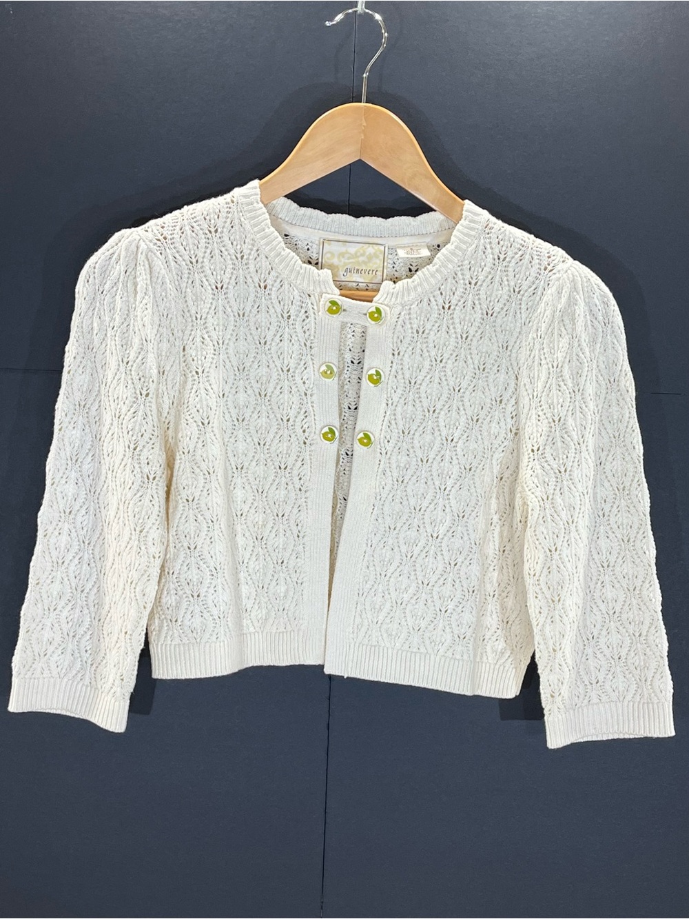 Vintage cream Guinevere cropped crochet-style cardigan with decorative buttons